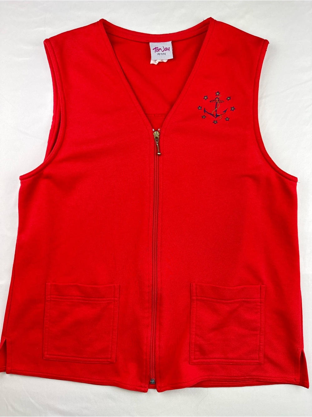 Vintage TanJay Nautical Fisherman Red Zip Up Vest Anchor Embroidered Coastal 12